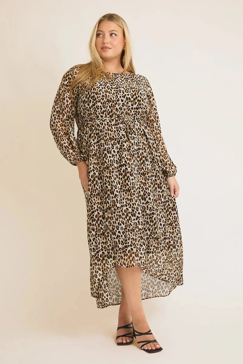 Plus Size Leopard Chiffon Front Tie Asymmetric Dress Tunics Velvet soft