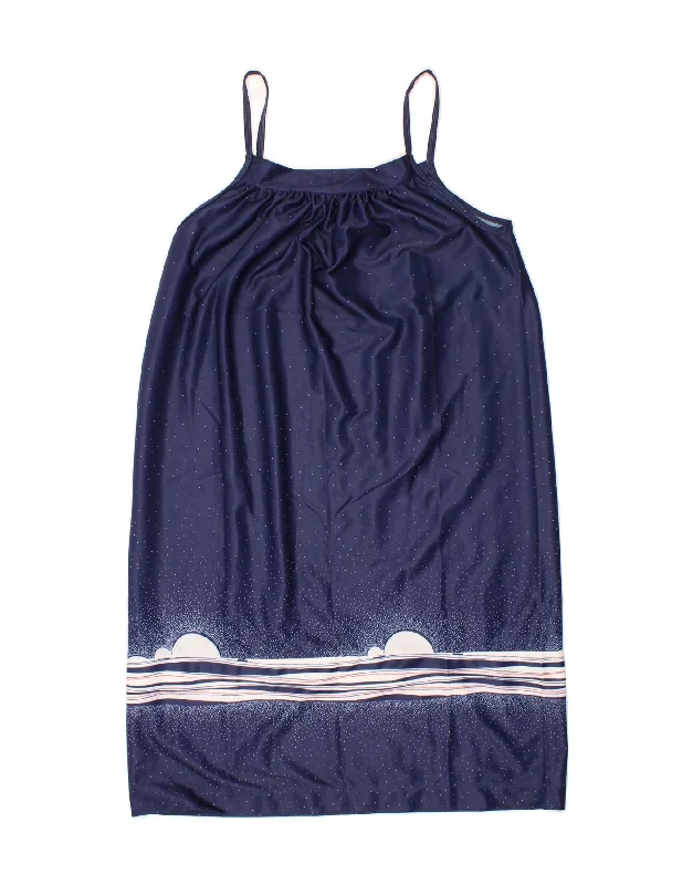 VINTAGE Womens Slip Dress UK 18 XL Navy Blue Colourblock Tunics Print Colorful