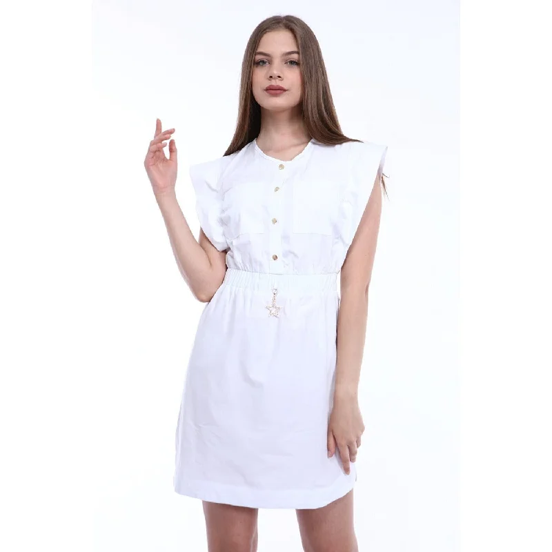 White Elastic Waist Double Pocketed Dress Tunics Fashionable trendy