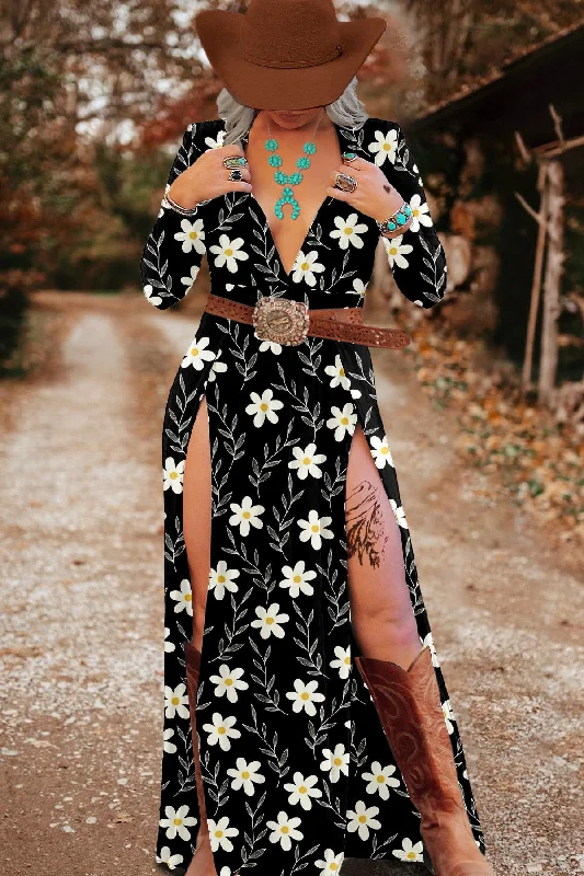 Vintage Western Floral Print Slit Dress Cowl Neckline Elegant