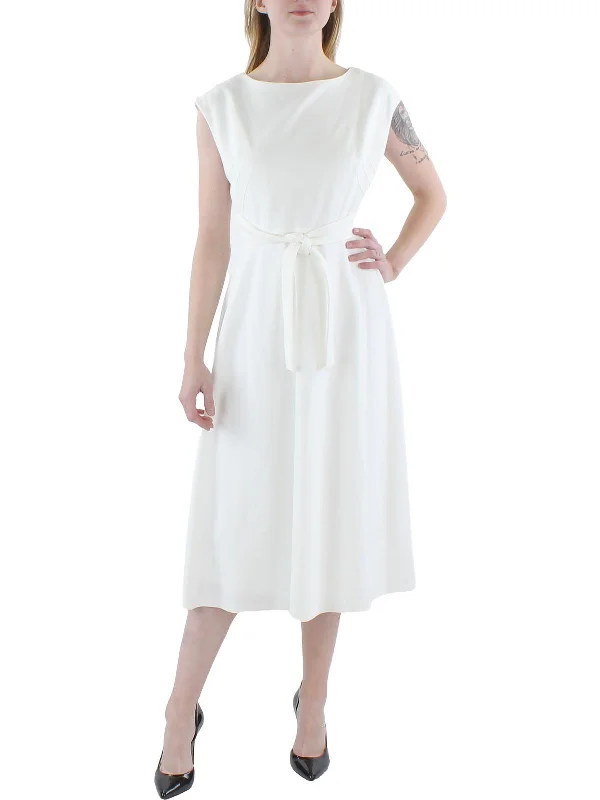 Womens Tie Waist Midi Fit & Flare Dress Cowl Neckline Elegant