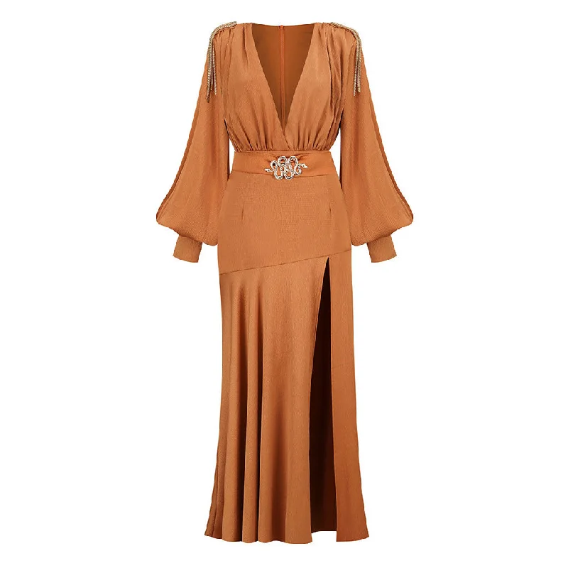 Snake Belted Fringe Bishop Sleeve Plunge Neck High Split Maxi Evening Dress Turtleneck Warm Winter Snake Belted Fringe Bishop Sleeve Plunge Neck High Split Maxi Evening Dress Turtleneck Warm Winter