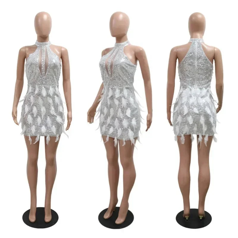 Zjkrl - Sequined Feather Sleeveless O-neck Mesh Bodycon Mini Women Dress New Sexy Holiday Party Evening Dresses Vestidos Tunics Chic fashionable Zjkrl - Sequined Feather Sleeveless O-neck Mesh Bodycon Mini Women Dress New Sexy Holiday Party Evening Dresses Vestidos Tunics Chic fashionable