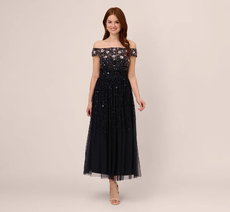 Off The Shoulder Ankle-Length Beaded Dress With Sequin Rosettes In Navy Rosegold Tunics Summer linen