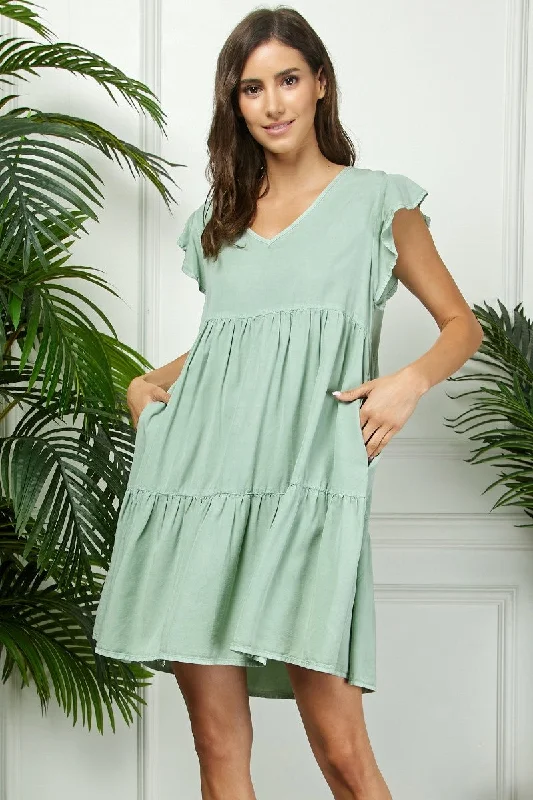 Light Olive Flutter Sleeve Tiered Dress Crew Neckline Sporty