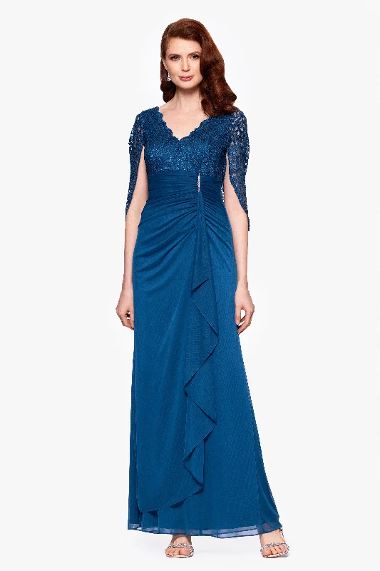 "Carmyn" Long Sheer Matte Jersey and Lace Cape Sleeve Floor Length Dress Tunics Leisure comfortable "Carmyn" Long Sheer Matte Jersey and Lace Cape Sleeve Floor Length Dress Tunics Leisure comfortable