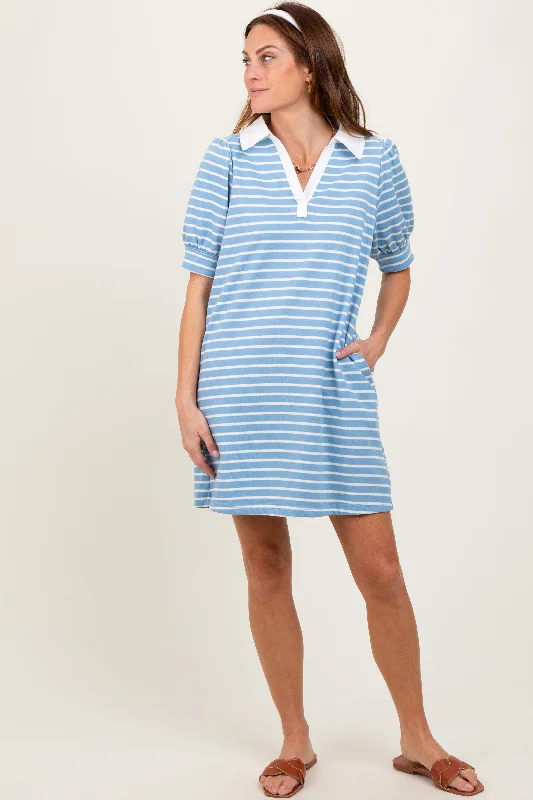 Light Blue Striped Collared Puff Sleeve Dress Tunics Modern contemporary