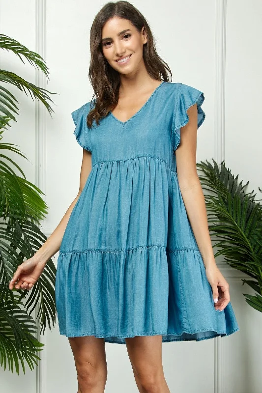 Blue Flutter Sleeve Tiered Dress Tunics Designer luxury
