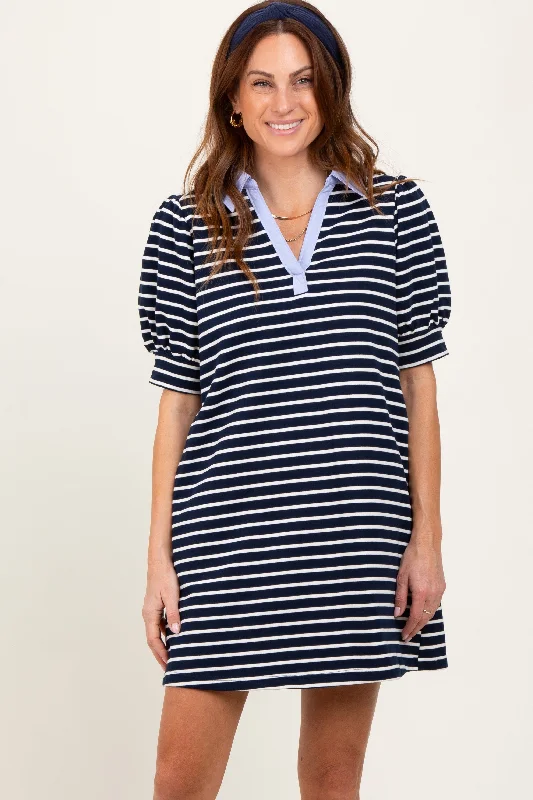 Navy Striped Collared Puff Sleeve Dress Off-the-shoulder Chic Trendy