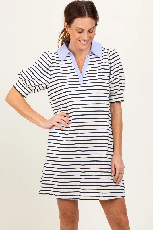 White Striped Collared Puff Sleeve Dress Tunics Prom sequined