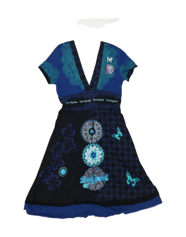 DESIGUAL Womens A-Line Dress UK 14 Large Blue Floral Tunics Leisure comfortable