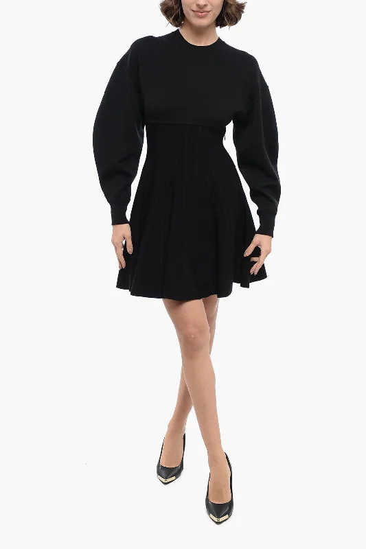 Alexander McQueen Knitted Flared Dress with Jersey Detail Tunics Distressed trendy