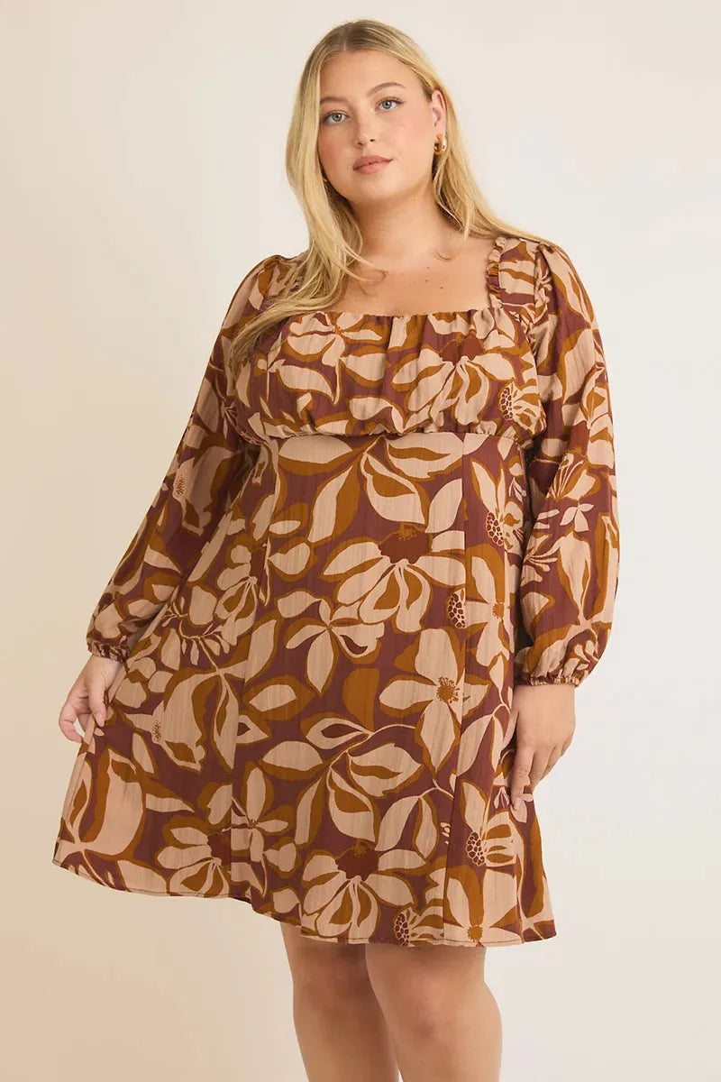 Plus Size Floral A-Line Smocked Back Puff Long Sleeves Dress Tunics Fall fleece