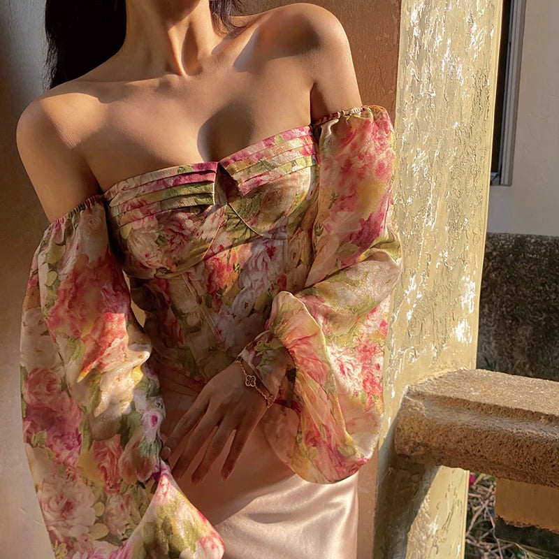 ZJKRL - Off Shoulder Floral Chiffon Shirt 2024 Summer French Design Sense Niche Bubble Long Sleeve Top Elegantes Women Evening Dresses Tunics Designer luxury ZJKRL - Off Shoulder Floral Chiffon Shirt 2024 Summer French Design Sense Niche Bubble Long Sleeve Top Elegantes Women Evening Dresses Tunics Designer luxury