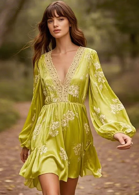 Women Yellow Green V Neck Print Patchwork Silk Mid Dresses Spring Tunics Travel practical Women Yellow Green V Neck Print Patchwork Silk Mid Dresses Spring Tunics Travel practical