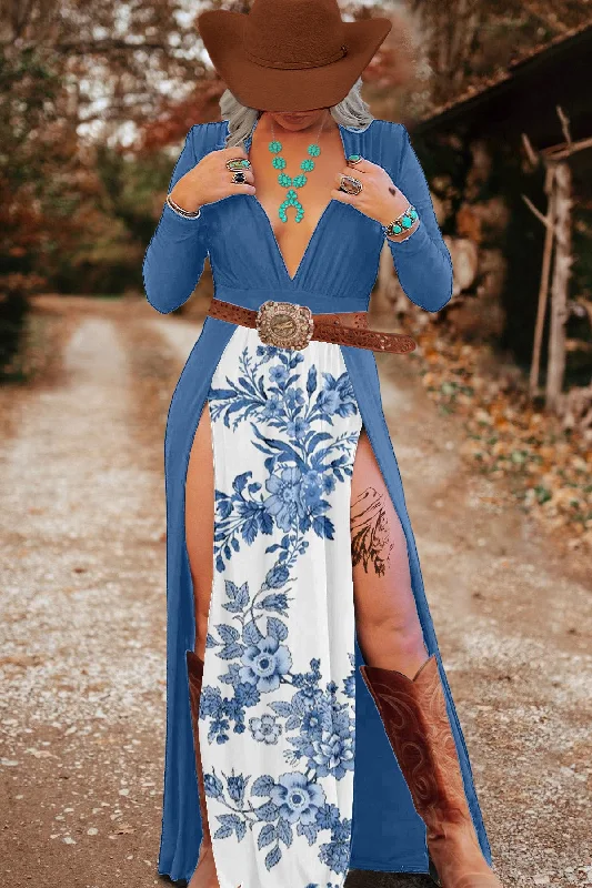 Vintage Western Floral Print Slit Dress Square Neckline Feminine