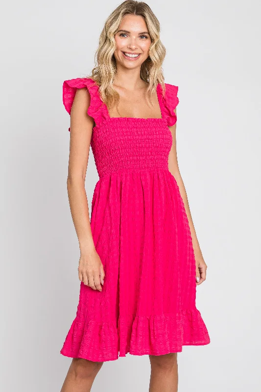 Fuchsia Textured Sleeveless Smocked Dress Maxi Flowy Bohemian