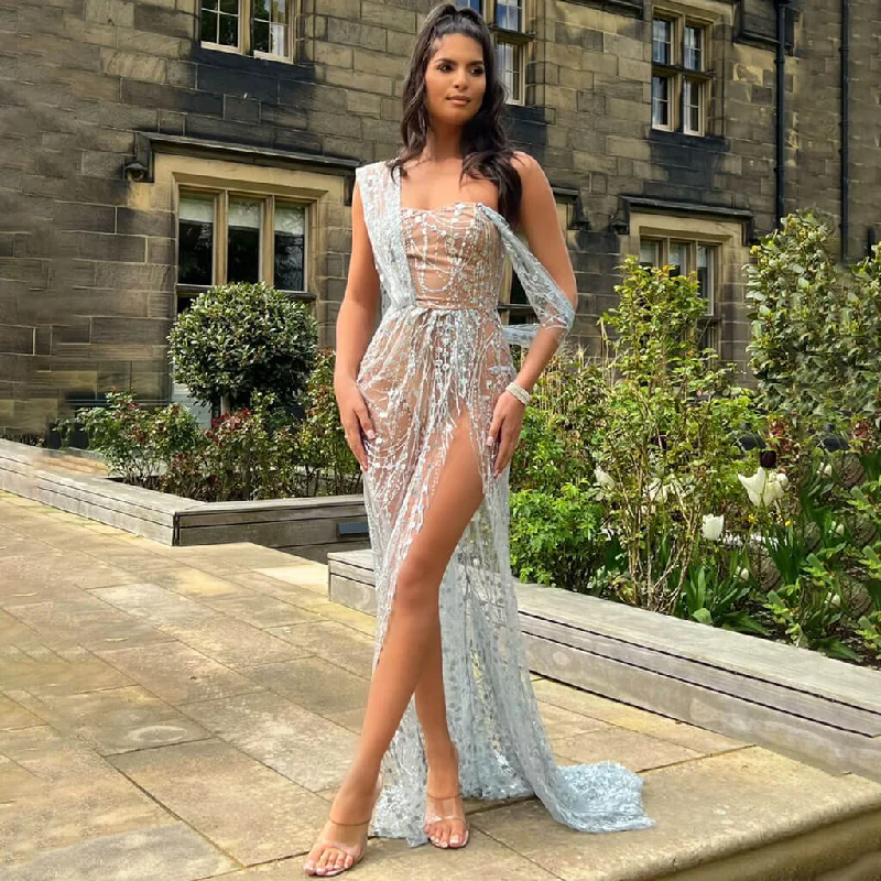 Asymmetrical Draped Sleeve Floral Sequin Mesh Split Train Maxi Evening Dress Tunics Velvet soft Asymmetrical Draped Sleeve Floral Sequin Mesh Split Train Maxi Evening Dress Tunics Velvet soft