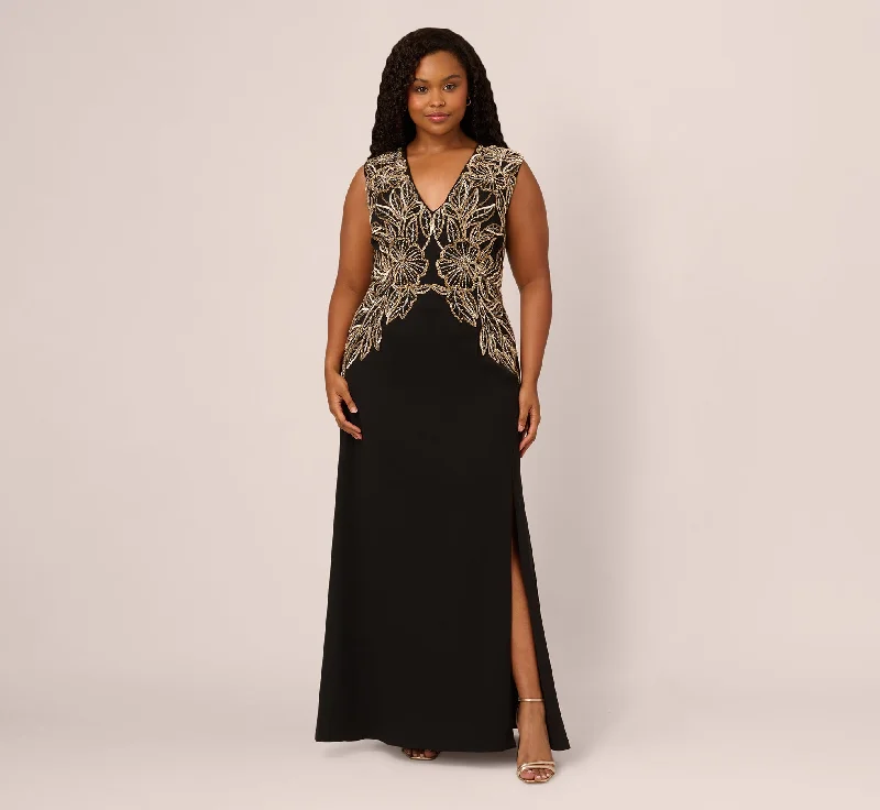 Plus Size Beaded Crepe Long Dress In Black Tunics Evening elegant