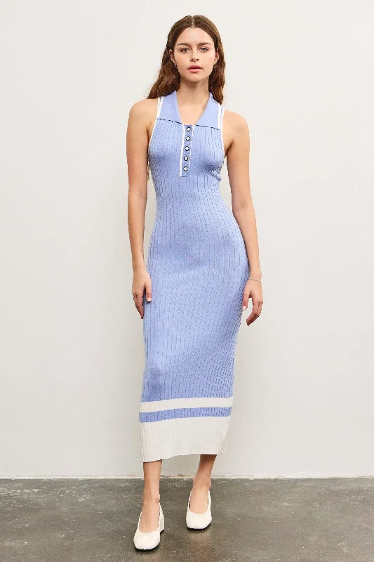 Periwinkle Knit Colorblock Stripe Sleeveless Polo Dress Boatneck Modish Everyday