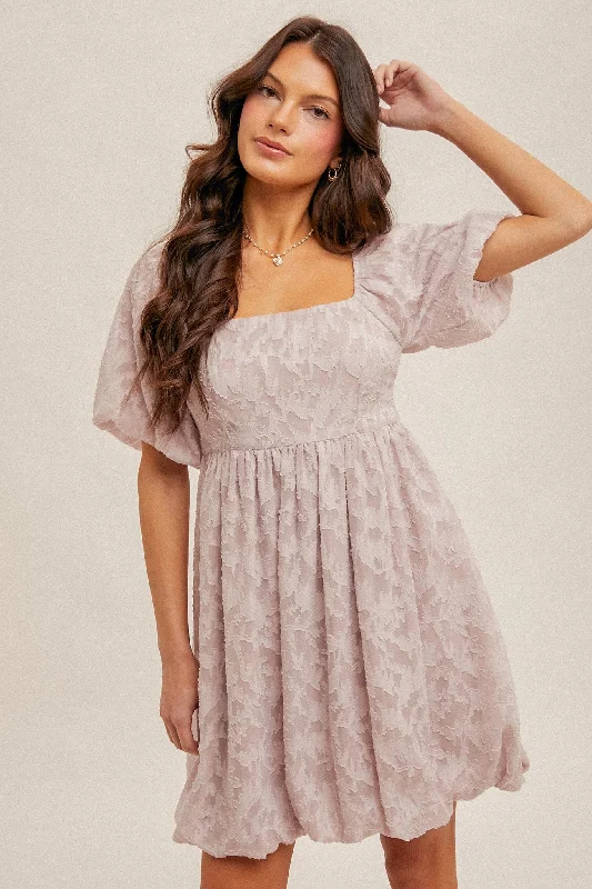 Lavender Chiffon Jacquard Print Square Neck Bubble Dress Tunics Review highly