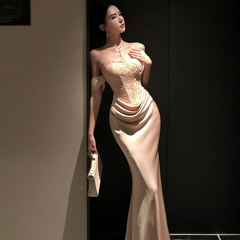 Zjkrl  -  Heavy Industry Design Sexy Strapless Long Dress Autumn New High end Formal Occasions Birthday Party Evening Dress for Women Tunics Chic elegant