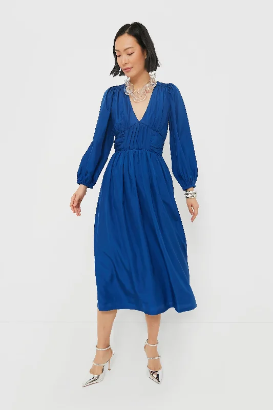 Cobalt Fabiola Solid Habotai Long Sleeve V-Neck Dress Tunics Party sparkling