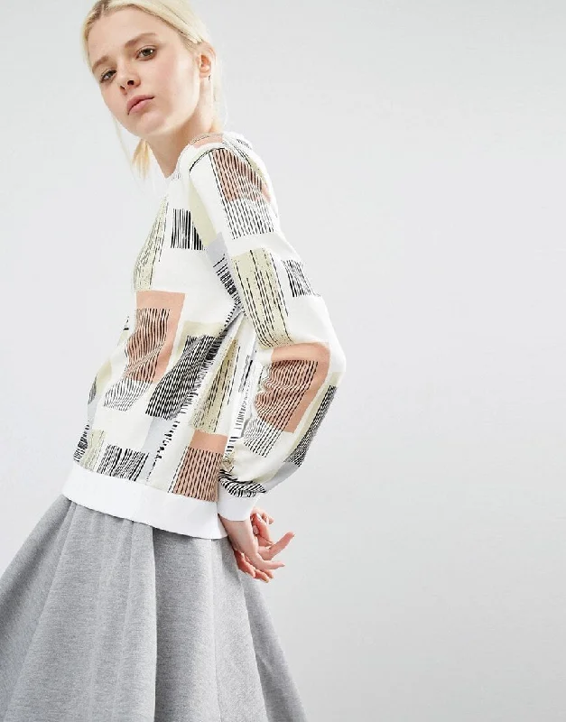Sweatshirt in Geometric Print Hoodie with Puffed Sleeves Voluminous Trendy