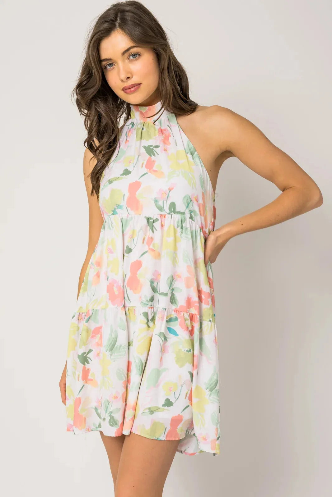 Sleeveless Halter Neck Shirring Floral Print Dress Tunics Print Colorful