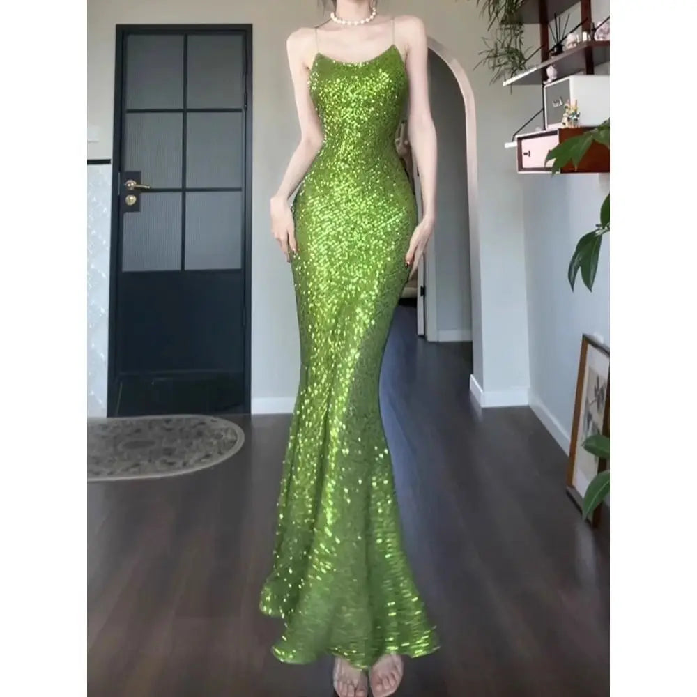 ZJKRL - High end Sequin Evening Dresses for Women Autumn and Winter Sexy Slim Fit Fish Tail Green Wrapped Hip Suspender Long Dress Tunics Sophisticated sleek ZJKRL - High end Sequin Evening Dresses for Women Autumn and Winter Sexy Slim Fit Fish Tail Green Wrapped Hip Suspender Long Dress Tunics Sophisticated sleek