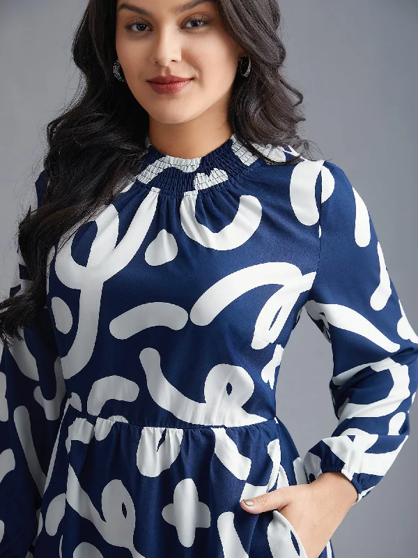 Geometric Print Shirred Pocket Dress Tunics Seasonal trendy