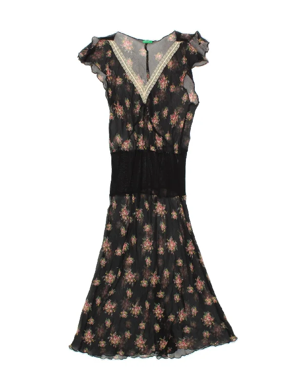 BENETTON Womens See Through Drop Waist Dress UK 8 Small Black Floral Tunics Mesh breathable BENETTON Womens See Through Drop Waist Dress UK 8 Small Black Floral Tunics Mesh breathable