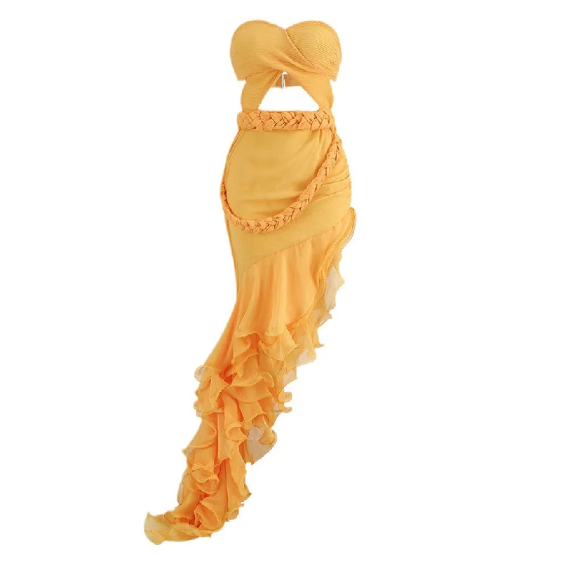 Cascading Ruffle Crossed Bandeau Cutout Braided Waist Asymmetrical Evening Dress Square Neckline Feminine Cascading Ruffle Crossed Bandeau Cutout Braided Waist Asymmetrical Evening Dress Square Neckline Feminine