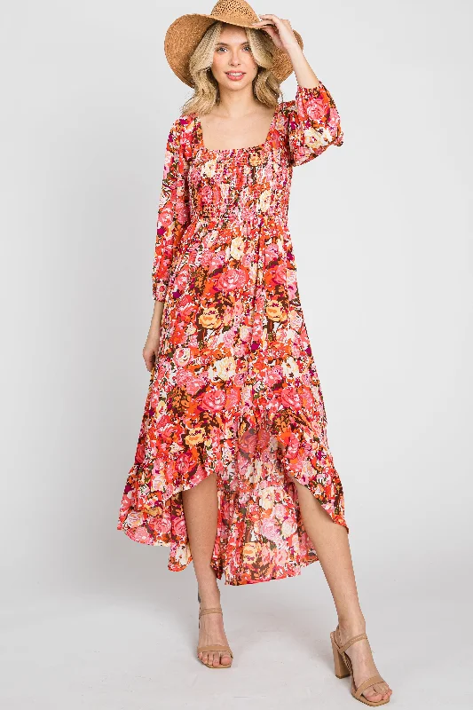 Coral Multi-Color Floral Smocked Hi-Lo Dress Tunics Long Elegant