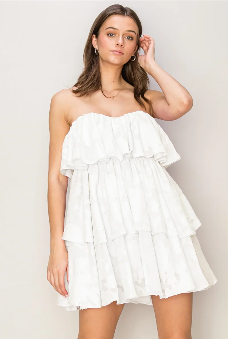Floral Jacquard Ruffled Layers Mini Strapless Dress Tunics Exclusive limited