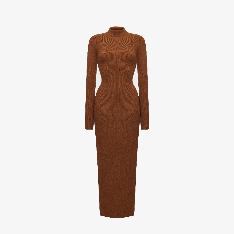 LONG DRESS IN PECANT BROWN  RIBBED CASHMERE Tunics Exclusive limited