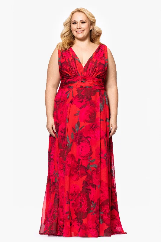 Plus "Jody" Print Chiffon V-Neck Floor Length Dress Tunics Solid Classic