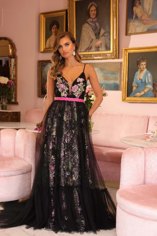 Ava Presley 47013 Prom A Line Long Floral Sequin Formal Dress Crew Neckline Casual