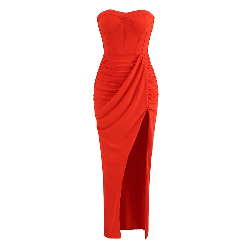 Striking Sweetheart Corset Bandeau Draped Ruched Thigh Split Maxi Evening Dress Tunics Ceremony elegant Striking Sweetheart Corset Bandeau Draped Ruched Thigh Split Maxi Evening Dress Tunics Ceremony elegant