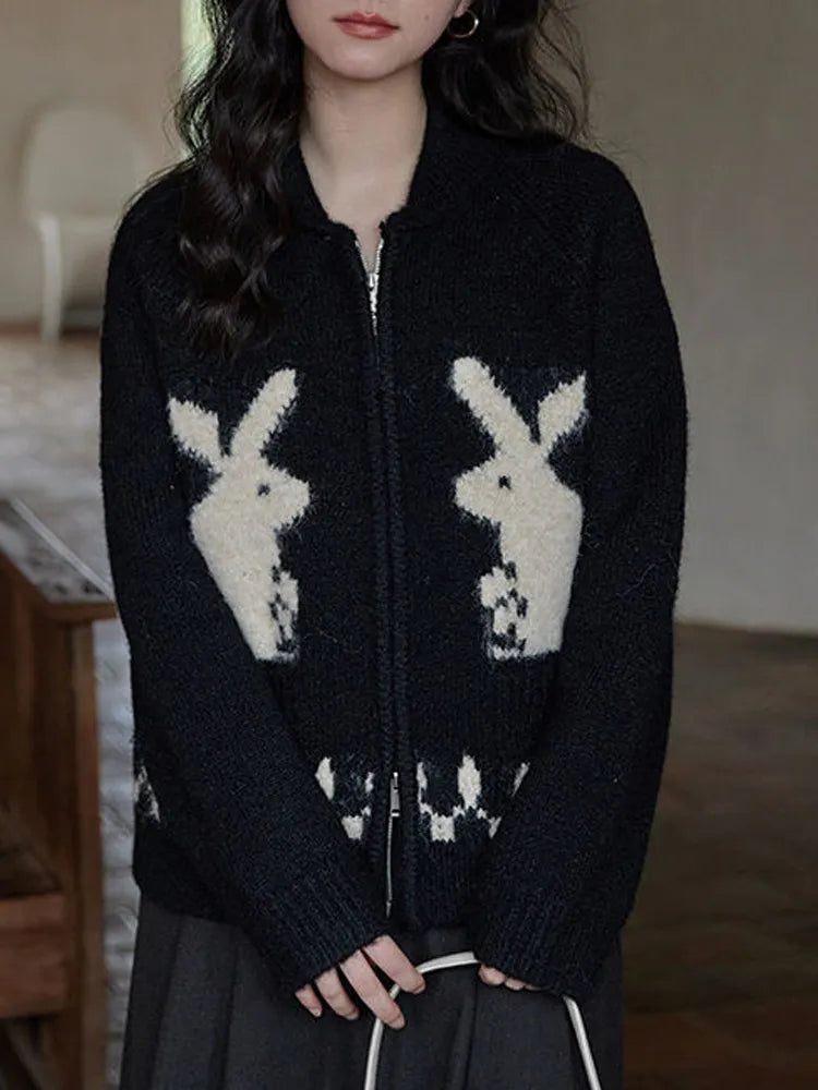 Rabbit Knitted Zip Cardigan Hooded Caped Shawl Collar