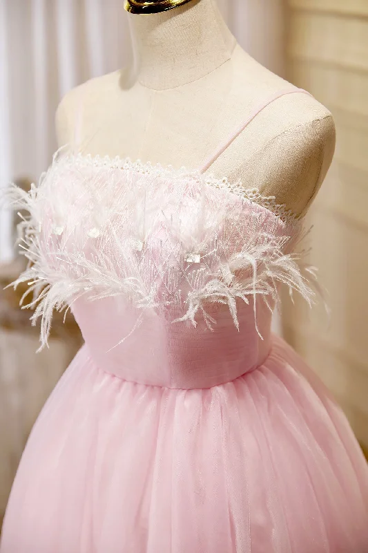 Pink Spaghetti Strap Tulle Short Prom Dress with Feather, Pink Party Dress Crew Neckline Casual Pink Spaghetti Strap Tulle Short Prom Dress with Feather, Pink Party Dress Crew Neckline Casual
