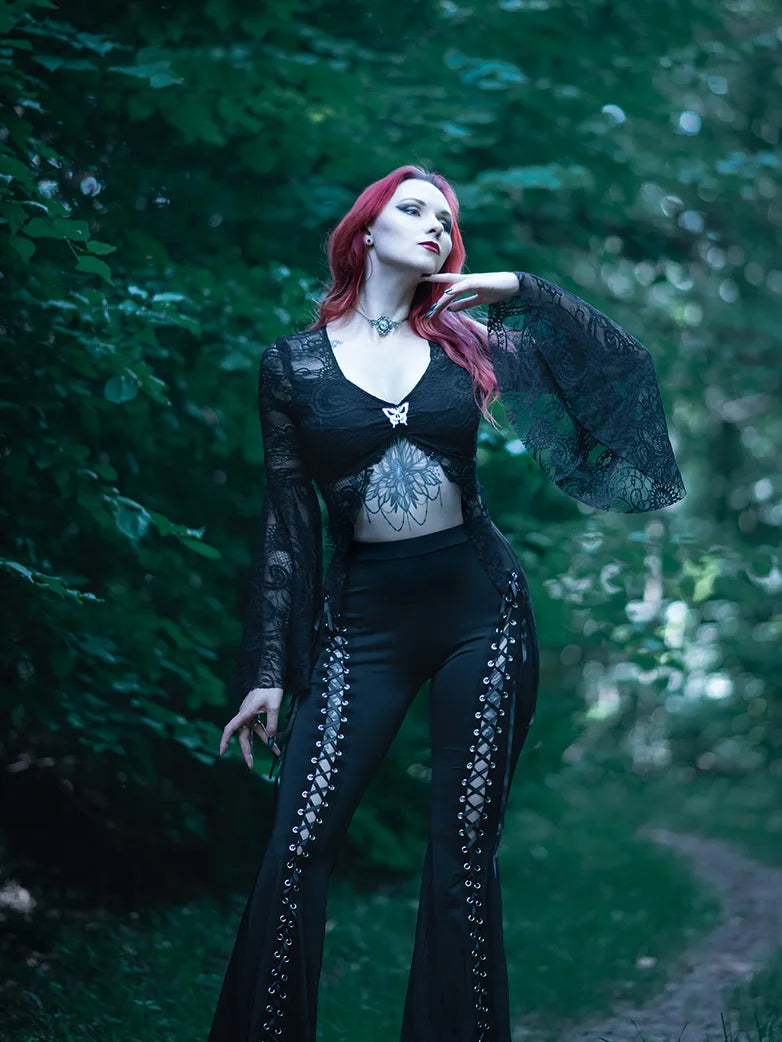 Women Gothic V-neck Butterfly Bell Sleeves Lace Cardigan Hooded Caped Shawl Collar