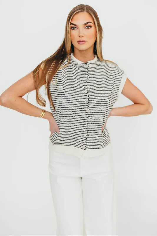 Arely Striped Sweater Vest Cardigan in Ivory/Black - Nursing Friendly Mesh Fabric Canvas Fabric Denim Fabric Arely Striped Sweater Vest Cardigan in Ivory/Black - Nursing Friendly Mesh Fabric Canvas Fabric Denim Fabric