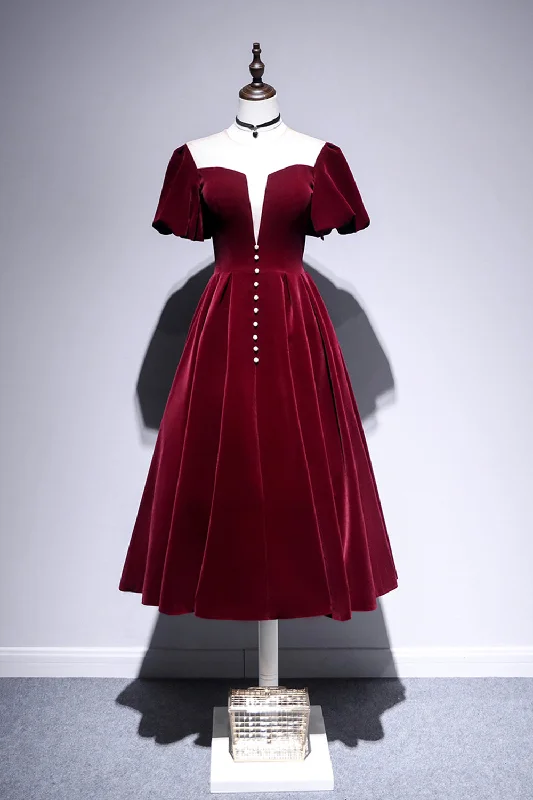 Burgundy Velvet Short Prom Dress, Cute A-Line Party Dress Tunics Velvet soft