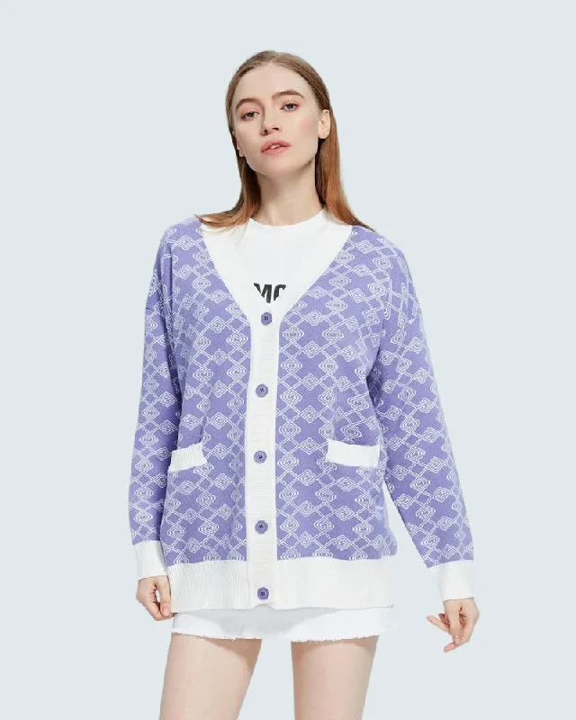 Cross Pattern Buttoned Purple Cardigan Beaded Cardigan Sequined Faux Fur