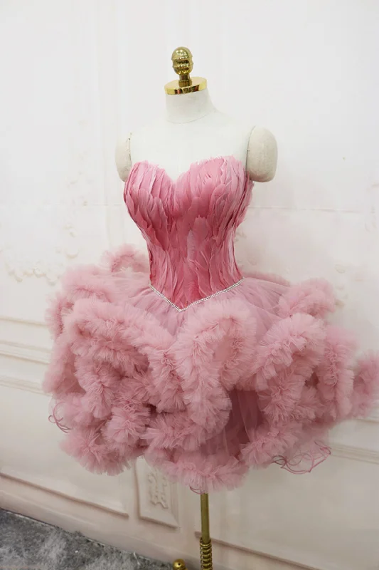 Pink Sweetheart Neck Tulle Party Dress, A Line Short Prom Dress with Feather Shift Classic Vintage Pink Sweetheart Neck Tulle Party Dress, A Line Short Prom Dress with Feather Shift Classic Vintage