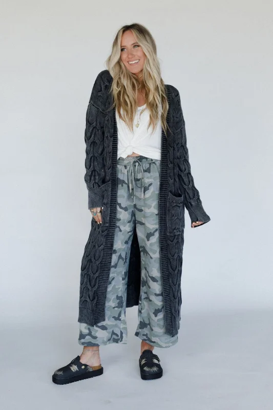 Chill Nights Cable Knit Cardigan - Charcoal Boat Neck Shawl Collar Notched Collar