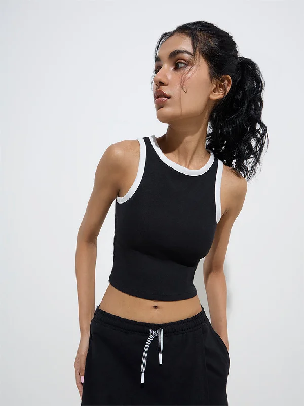 Studiofit Black Ribbed Textured Cotton-Blend Tank Top crew neck tank