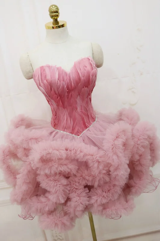 Pink Tulle Short Prom Dress with Feather, Chic Pink Strapless Party Dress Tunics Formal black Pink Tulle Short Prom Dress with Feather, Chic Pink Strapless Party Dress Tunics Formal black