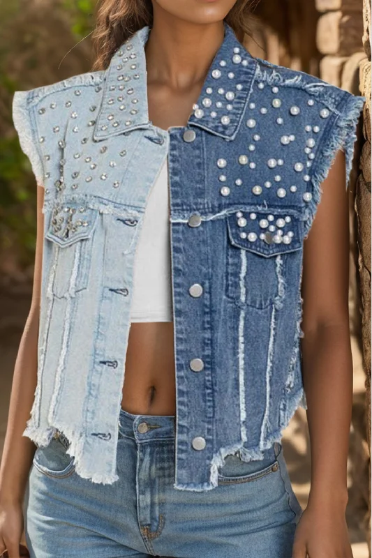 Pearl Raw Hem Sleeveless Denim Jacket One-Shoulder Jacket Off-the-Shoulder Jacket Asymmetrical Jacket Pearl Raw Hem Sleeveless Denim Jacket One-Shoulder Jacket Off-the-Shoulder Jacket Asymmetrical Jacket